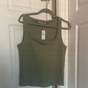 LOFT Olive Ribbed Tank with Lace Trim